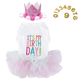 ANIAC Dog Birthday Dress and Hat Set Puppy Lace Tutu Pink Pet Crown Hat with 0-9 Figures Birthday Outfit for Cats Small Dog (White+Pink,Large)