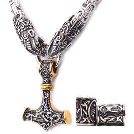 GUNGNEER Viking Mjolnir Thor Hammer Necklace Mixed Gold Pendant With Square Fenrir Wolf Byzantine King Chain Mixed Gold Stainless Steel Norse Viking Jewelry Men