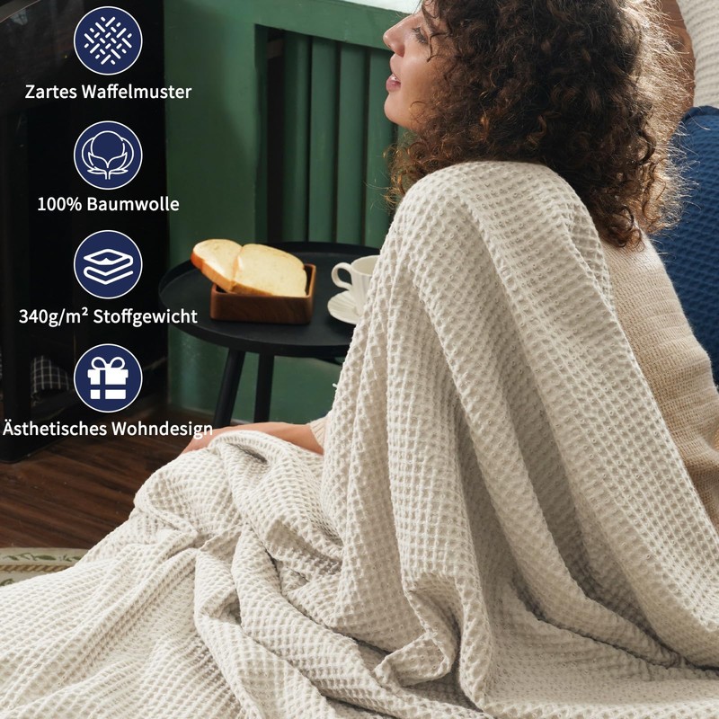 PHF 100% Cotton Waffle Blanket, Cuddly Blanket, 130 x 150