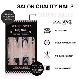 Press on Nails Long Square OFDNE French Tip Fake Nails Pink & Black False Nails with Designs Rhinestones Leopard Print Pink Flower Glossy Glue on Nails Stick on Nails for Women Girls 24 Pcs