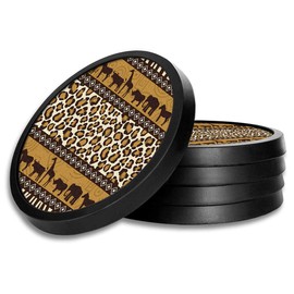 Silicone Non-Slip Drink Coasters with Removable Printed Absorbent Felt Pad - Set of 4 - African Theme Animals and Prints