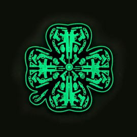 PVC Patch 3.5''x3.5'' Lucky Clover Leaf - GLOW-IN-THE-DARK, green, black