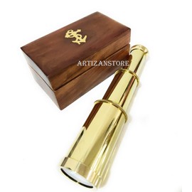 Brass Handheld Telescope, Functional Vintage Replica Telescope, Kids Pirate Navigation with Anchor Wooden Box (Fully Brass), Handcrafted Portable Collapsible Marine Spyglass Collectible Décor, 6”