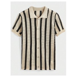 BEAUDRM Men's Striped Crochet Shirts Hollow Out Button Down Shirts Knit Short Sleeve Casual Vacation Top Khaki Small