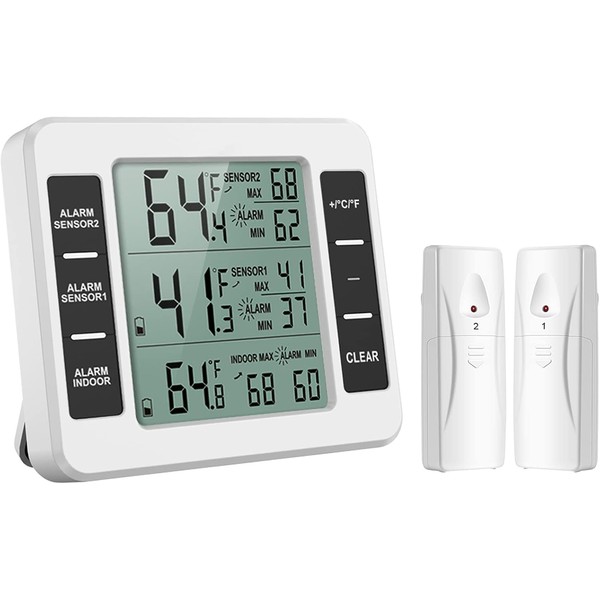 Fridge Thermometer, Freezer Thermometer with 2 Sensors, Indoor and Outdoor