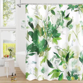 Litabel Green Watercolor Floral Shower Curtain, Plant Leaves with Flower Shower Curtains for Summer Bathroom Decor, White Modern Fabric Botanical Waterproof Shower Curtain Set with Hooks 72x72 Inch