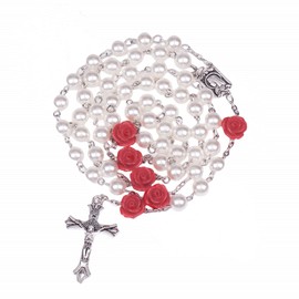 Kuesn Amethyst Catholic Rosary Necklace 6mm White Pearl Beads Rose Flower Cross Religious Necklace (White)