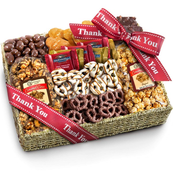 Thank You Chocolate Caramel and Crunch Grand Gift Basket with Snacks, Pretzels, Ghirardelli and Chocolate-covered Nuts
