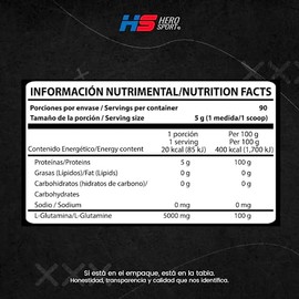 HS HERO SPORT Glutamina Micronizada de Alta Pureza 450g. 100% Natural, 5g Por Porción, 90 Porciones por Envase, Sin Sabor, Solubilidad Instantánea, In