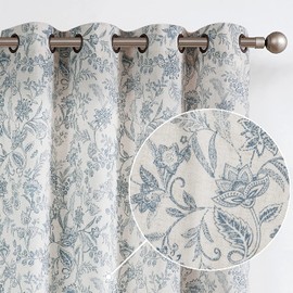 Lazzzy Linen Farmhouse Curtains for Living Room 96 Inch Length Floral Print Window Curtains Semi Sheer Drapes for Bedroom Country Light Filtering Curtain Grommet Top 2 Panels Blue on Beige