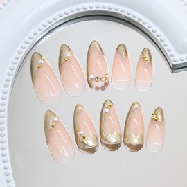 Nude Almond False Nails Medium Length with Gold French Tip Rhinestones Press on Nails Reusable Full Cover Acrylic Fake Nails Glue on Nails Salon Manicure Decoration for Daily Wear Stick on Nails
