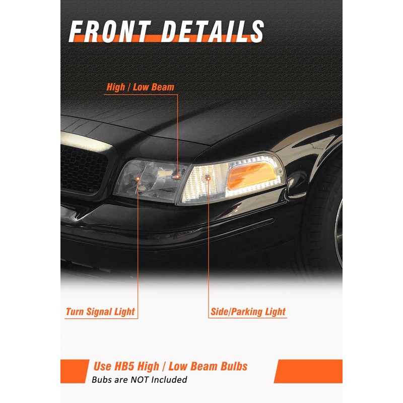 AXLAHA for 1998-2011 Ford Crown Victoria Headlights Chrome Pair