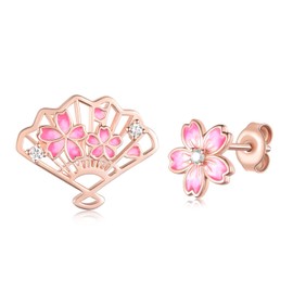 Pink Flower Earrings for Women,925 Sterling Silver Cherry Blossom Earrings Pink Flower Earrings and Fan Cherry Blossom Studs Earrings Anniversary Birthday Jewelry Gift for Women Mom Wife