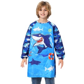 WERNNSAI Kids Art Smock - Shark Toddler Smock Artist Kids Painting Apron Waterproof Smock for Kids Painting Apron with Long Sleeve and Pocket Art Apron for Toddler Age 4-7 8-12 Years Girls Boys