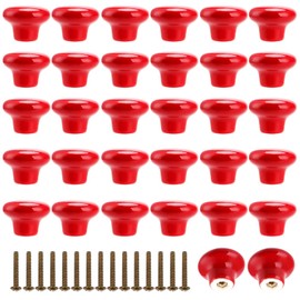 SINJEUN 32 Pack Red Ceramic Cabinet Knobs, 1.25x0.9 Inch Round Mushroom Door Pulls with Screws for Cupboard, Cabinet, Kitchen, Bathroom