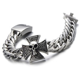 Mens Large Skull Cross Bracelet Stainless Steel Curb Chain Biker Gothic Silver Color Polished