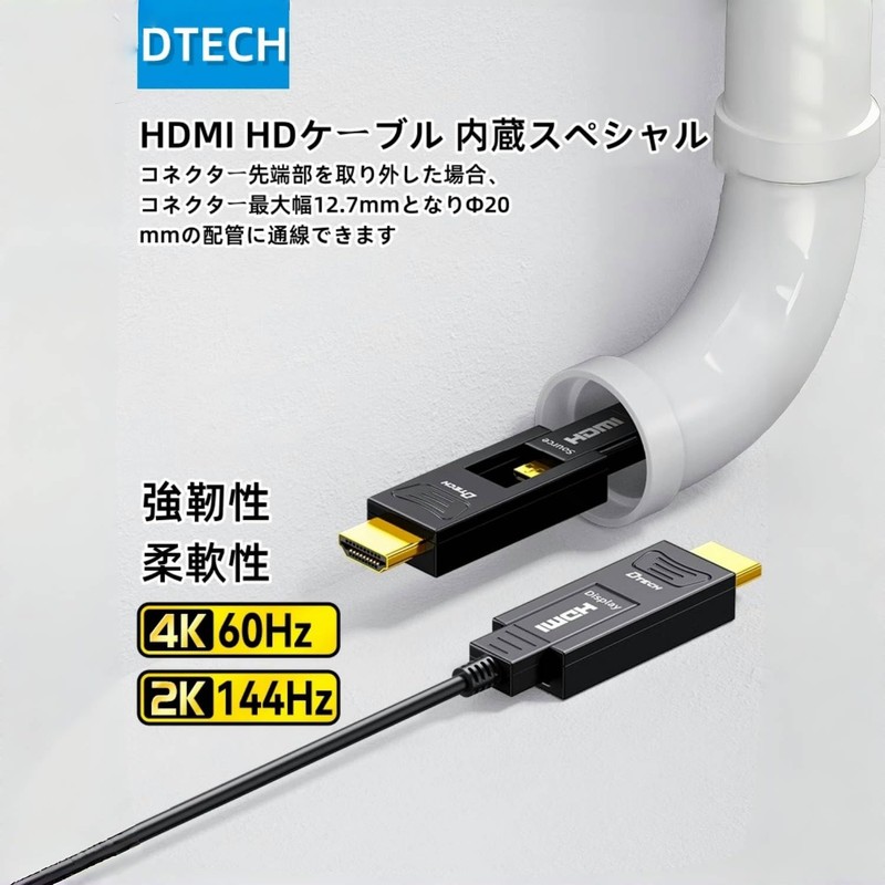 DTECH Plumbing Detachable Fiber Optic HDMI Cable 10m HDMI Type