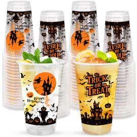 50Pcs 16Oz Halloween Plastic Cups Trick or Treat Witch Castle Pumpkin Bat Disposable Clear Cup for Spooky Holiday Birthday Party Supplies