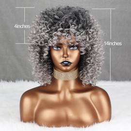 Xinran Afro Grey Wigs for Black Women - Short & Long Curly Afro Wigs with Bangs, Synthetic Omber Gray Full Wig 14 inch