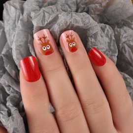 24Pcs Christmas Press on Nails Short Square Fake Nails with Red Elk Design Christmas Glue on Nails Full Cover Christmas Nails Stick on Nails for Women and Girls Christmas Nail Art Decoration
