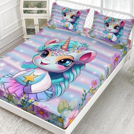 AILONEN Unicorn Bedding Set Twin XL Size, Cute Magic Unicorn Sheets Colorful Flowers Bed Sheets Decor for Kids Girls Teen 3 Pieces Set, 1 Fitted Sheet and 2 Pillowcases
