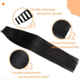VINBAO Tape-In Real Hair Extensions, Remy Invisible Tape Extensions, Silky Straight, Real Hair Extensions, 20 Pieces, 50 g, 40 cm, Natural Black, Tape-In 16 Inches, #1B