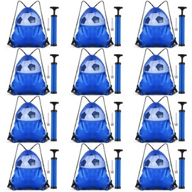 Foilswirl 24 Pcs 24 Pcs Operation Christmas Bulk Items 12 Ball Pump for Sports Balls with Needles 12 Soccer Backpacks Air Hand Pump for Soccer Basketball Mesh Drawstring Bags Christian Charity (Blue)