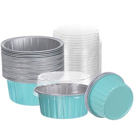 HARFINGTON 50Pcs Baking Cups with Lids 5oz Aluminum Foil Liners Mini Disposable Containers Cups Holder Cases Boxes Pans for Dessert Wedding Party, Blue