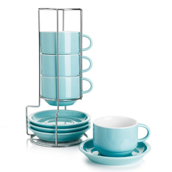 Sweese 8 Ounce Porcelain Stackable Cappuccino Cups with Saucers and