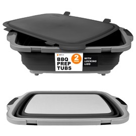 Drip EZ Collapsible BBQ Prep Tubs 2-Piece Set (V2) - For Meal Prep Marinating Food Storage - Includes Cutting Board & Lid - (2) XL - Black