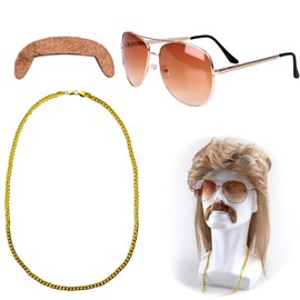 4 Pcs Set Mullet Wig,Brown,Mullet Wig for Mullet Pop Party Style 70s 80s Rocking Disco Hip Hop Costume Kit,Disco Wig,Costume Fancy Dress Afro Wig Accessories