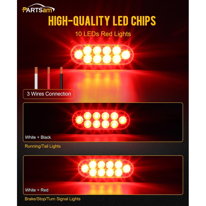 Partsam 2Pcs 6 Inch Oval Red Led Trailer Tail Lights