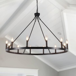ANKYLHUA Black Wagon Wheel Chandelier 12-Light 38 Inch,Chandeliers for Dining Room Light Fixture,High Celling Light,Rustic Farmhouse Light Fixtures for Entryway Living Room Foyer Kitchen Island E12
