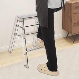 Undercat 3 Step Ladder, Acrylic Folding Step Stool with Wide Anti-Slip Pedal, 330lbs Load Capacity, Library Ladder, Portable Foot Stool for Household and Office (Clear Coffee)