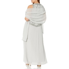 J Kara Women's Petite Long Beaded V Trim Detail Dress with Scarf, Silver/Multi, 8P