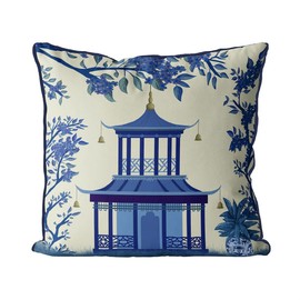 Kelly Stevens-McLaughlan, Blue Pagoda on Cream Chinoiserie Cushion / Pillow Cover, Zippered Base, Full Piping, 18 Inches x 18 Inches