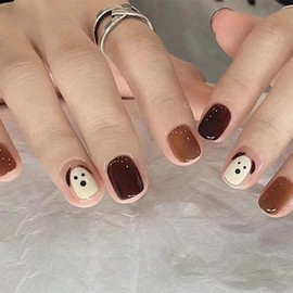 Nail Tip, Short, 24 Pieces, False Nail Tip, Brown, Black, Dog, Popular, Japanese Style, Cute, Simple, Fashionable Party, Autumn, Spring, Summer, Daily Life, Bridal Nail Tip, Coming of Age Ceremonies,