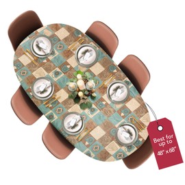 Covers For The Home Deluxe Elastic Edged Flannel Backed Vinyl Fitted Table Cover - Global Coffee Pattern -Round Oblong Oval- Fits Tables up to 48" W x 68" L