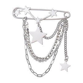 Punk Star Chain Brooch Pin Silver Safety Pin Brooch Hanging Chain Lapel Pin Retro Vintage Pin Brooch Tassel Collar Coat Shawl Brooch Pins for Women Clothes Shoes Sweater Shawl Clips Pins Y2k