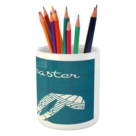 Ambesonne Easter Pencil Pen Holder, Bunny Ears with Ornate Circles and Rectangles on a Dark Toned Egg Background, Printed Ceramic Pencil Pen Holder for Desk Office Accessory, Cream Petrol Blue