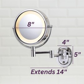 JERDON Wall-Mounted Makeup Mirror with 5X Magnification - Chrome Makeup Mirror with LED Lights - Plug in - HL65C