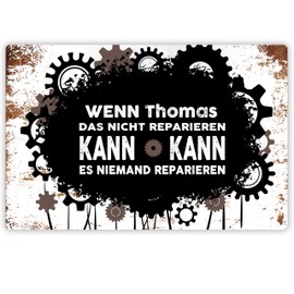 True Statements Retro Tin Sign with German text "Wenn DeinName das Nicht reparieren kann, kann es niemand reparieren” - Metal Sign with Hanging System, approx. 20 x 33 cm - Vintage Grunge Style