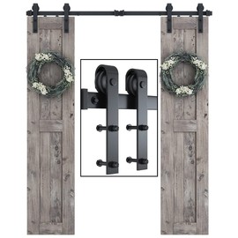 SMARTSTANDARD 6FT Double Barn Door Hardware Kit, Sliding Door Track-Smoothly and Quietly -includes Detailed Installation Fit 18" Wide Doorpanel (J Shape Hanger) Black