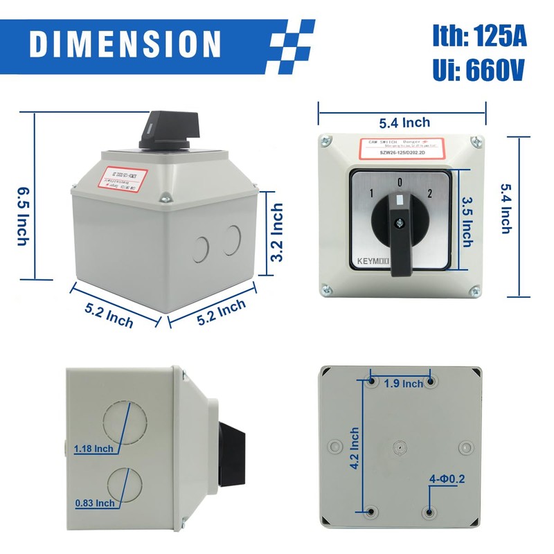 Keymoo 125A Rotary Changeover Switch with Master Switch Exterior Box,