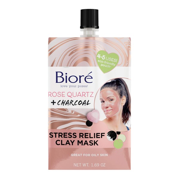 Bioré Rose Quartz + Charcoal Stress Relief Clay Mask, Purifying Face Mask, 1.69 Ounce, Dermatologist Tested, Noncomedogenic, Oil Free, Vegan Friendly, Cruelty Free