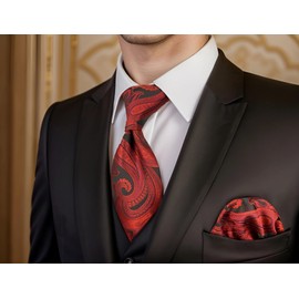 Paisley Neckties for Men Red Black Wedding Elegant Groomsmen Tie Set with Pocket Square Extra Long 160cm