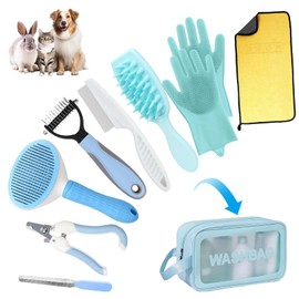 Oromaviela 8PCS Dog Rabbit Bunny Cat Grooming Kit,Self-Cleaning Brush,Nail Clipper,Grooming Glove,Massage Brush,Flea Comb,Towel&Travel Bag,Complete Grooming Tools for Long&Short Haired Pets(8, blue)