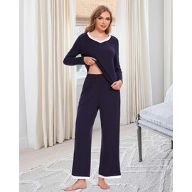 Atxnn Womens Pyjamas Set Soft Nightwear Autumn Winter Pjs Comfy V Neck Loungewear Two Pieces Long Sleeve Long Pant with Pockets for Spring, NAVYBLUE M