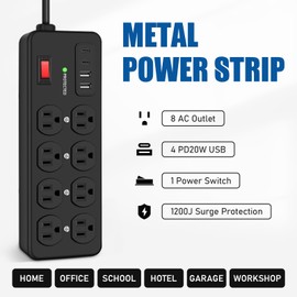 Metal Power Strip - 8 Outlet Heavy Duty Surge Protector with 20W USB Ports 15A 1200 Joules 15FT Cord for Home Office Kitchen Garage Industrial Workshop
