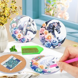Bowetile 8PCS Diamond Art Painting Coasters Kit with Holder, Horse Diamond Art Kits for Adults Beginners, Moon Gem Art Kits for Adults, Arts and Crafts Kits for Adults for Home Decor
